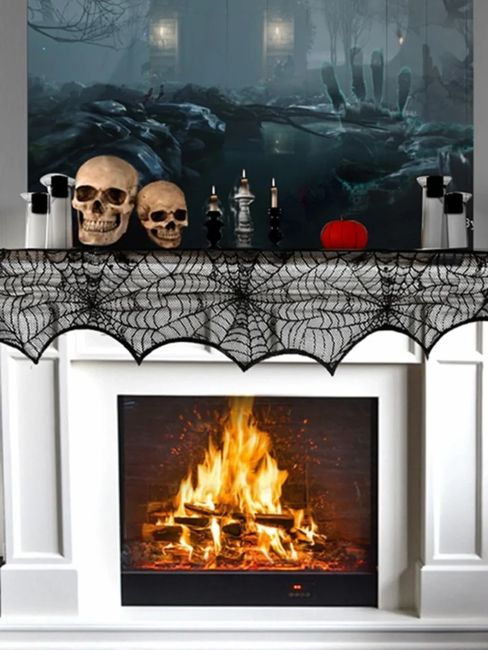 Spooky Spiderweb Lace Mantel Runner - Black Halloween Decor